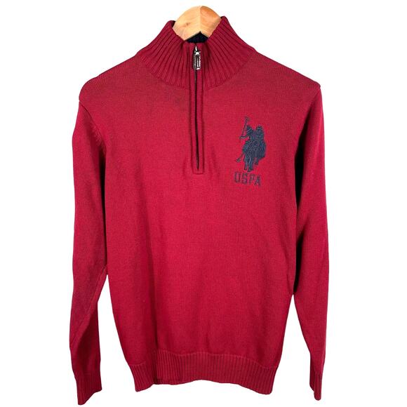 US Polo Assn Men SZ S Red 1/4 Zip Mock Neck Cotton Pullover Long Sleeves Sweater - Picture 1 of 11